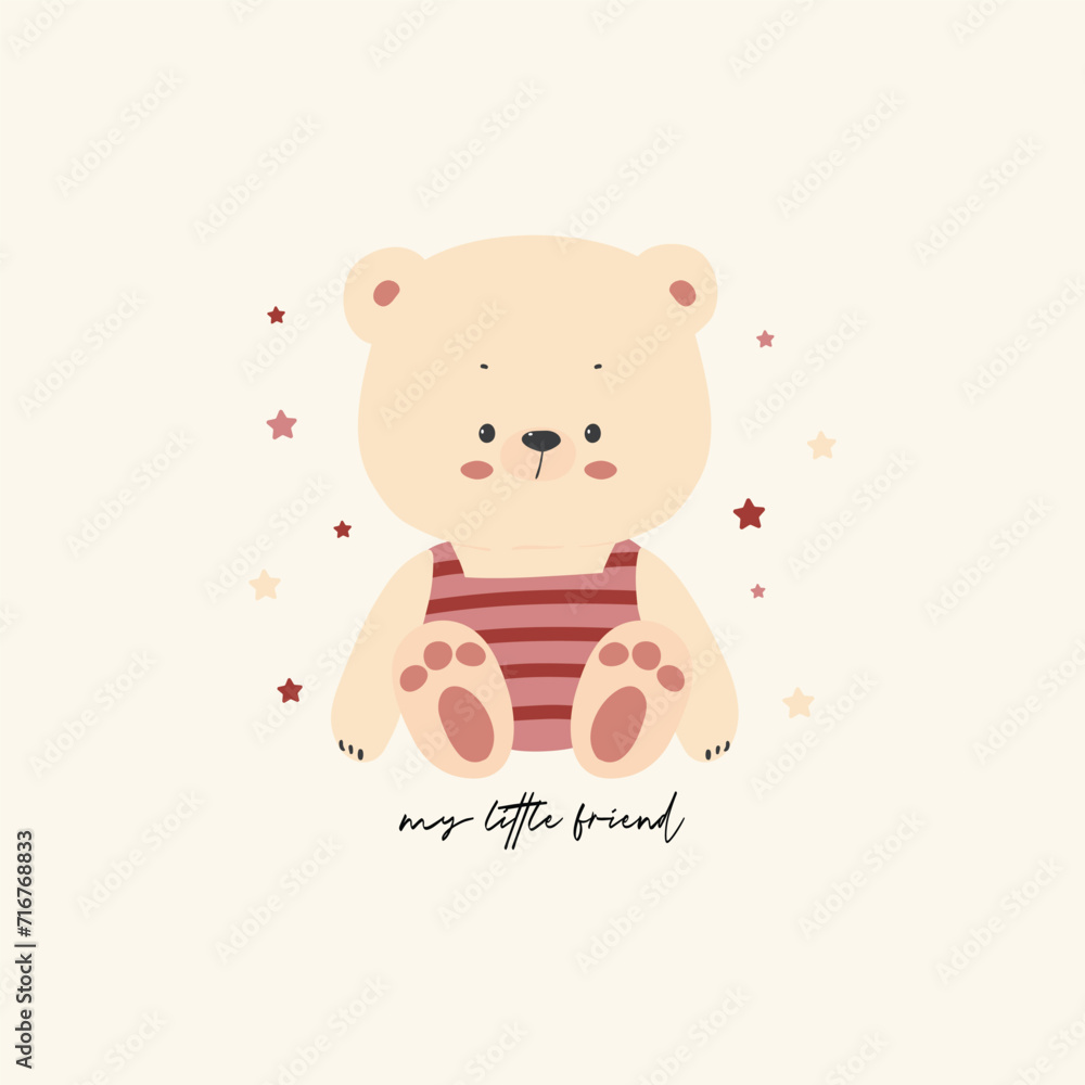 Cute little bear toy. Hand drawn funny design for kids. Graphic tee print for children. Vector illustration. Perfect for t-shirt, poster, surface design
Cute little bear toy. Hand drawn funny design for kids. Graphic tee print for children. Vector illustration. Perfect for t-shirt, poster, surface design