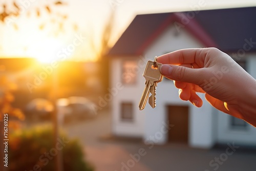 Dreamy residence: Woman's hand with keys, blurred house in the warm sunset.