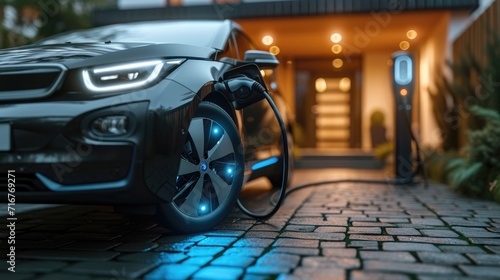 Charging an electric vehicle at home. Generative Ai. © Planum