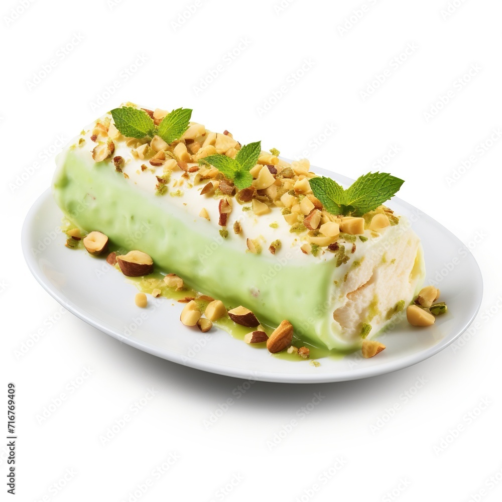 Indian kulfi dessert, ice cream with safron, mint, nuts isolated on white background