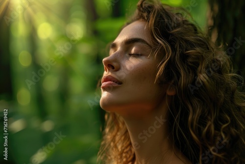 Woman in a calm state  taking in the pure woodland air. Generative Ai.