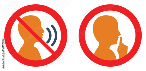 Please Keep quiet or silent please sign. Crossed person talking icon in circle