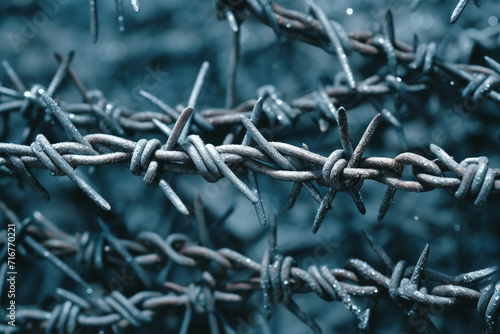 Super close up of barbed wire fence, many, bold, danger, solid geometric border, simple, attractive border and emotional surface. Abstract pattern, shades of gray and blue. 3D rendering concept design
