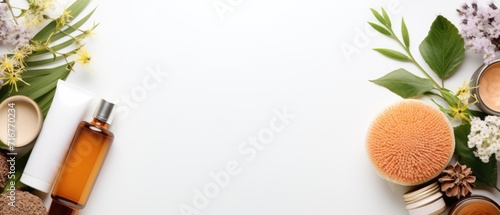 natural cosmetics, ingredients and bathroom or spa accessories arranged on white banner background