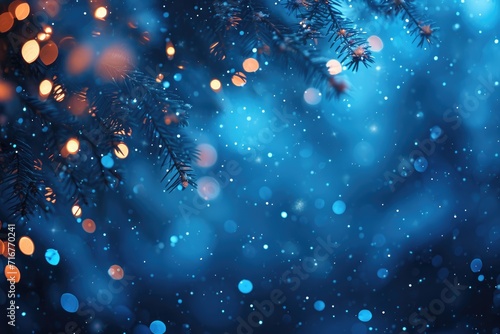 Blue winter backdrop with blurry lights. Generative Ai.