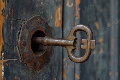 Detailed image of an old-fashioned key in a lock
