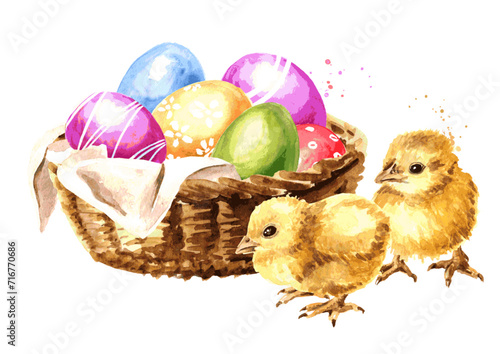 Basket with colored Easter eggs and yellow chicks. Hand drawn watercolor illustration, isolated on white background  - копия