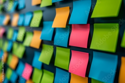 Detailed image of colorful sticky notes on a business strategy board photo