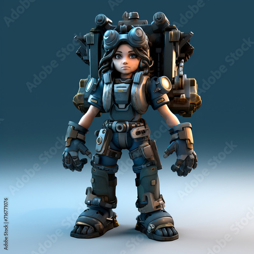 Female mechanic in blue army uniform in a futuristic high-tech robotic exoskeleton  isolated on a neutral background. 3D rendering concept design illustration.
