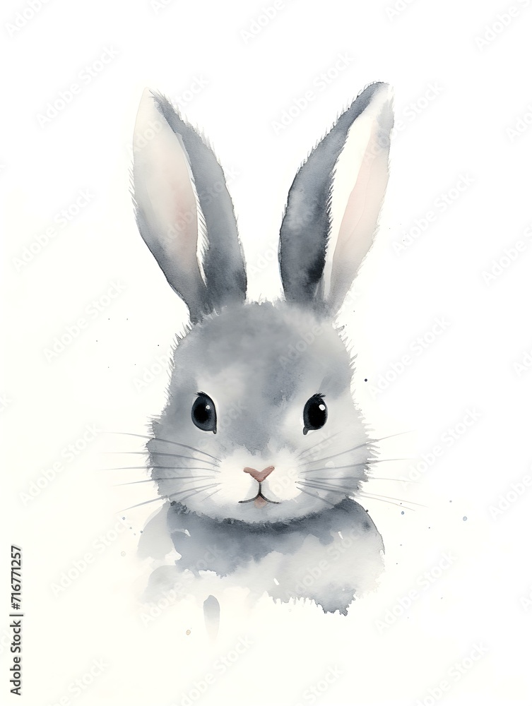 Fototapeta premium Illustration of an adorable Bunny Head in anthracite Watercolors on a white Background. Minimalistic Card Template with Copy Space