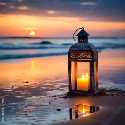 Candle Lantern on a Tranquil Beach at Dusk