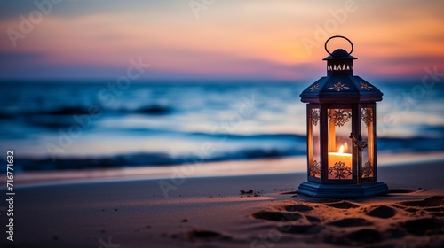 Candle Lantern on a Tranquil Beach at Dusk