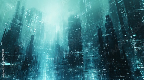 Digital abstract artwork with a futuristic cityscape theme in cool tones background