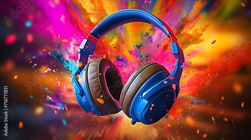 Headphones in colorful party background