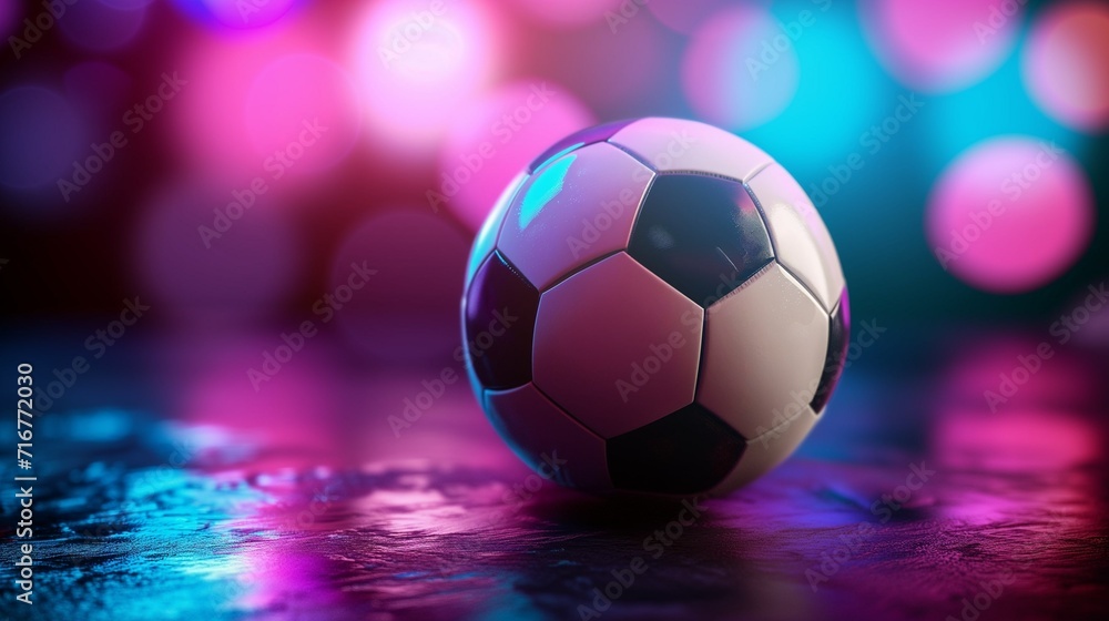 Naklejka premium Soccer ball illuminated with neon purple light on a defocused background