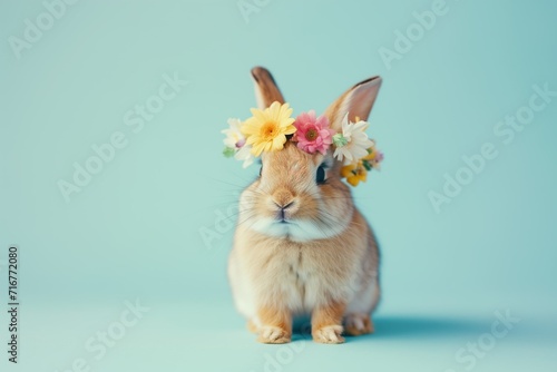 Easter bunny with a flower wreath on a blue background © Vadim