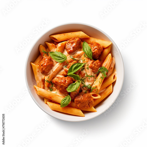 Penne with Vodka Sauce and Mini Meatballs isolated on a white background in the top view