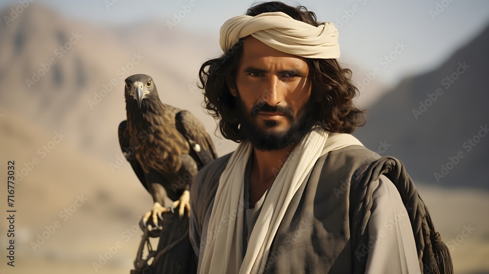 portrait of an Arabian man with falcon on his shoulder