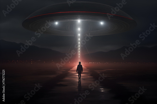 The alien spaceship has lights shining on it and people walking below. © NOOPIAN