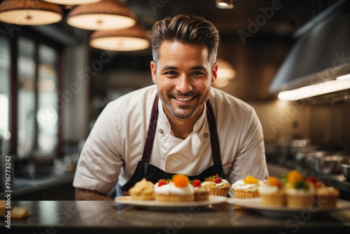 Portrait of cheerful smiling chef on restaurant kitchen with sweet desserts. Concept of restaurant business  training to be a chef  businessman. AI generated