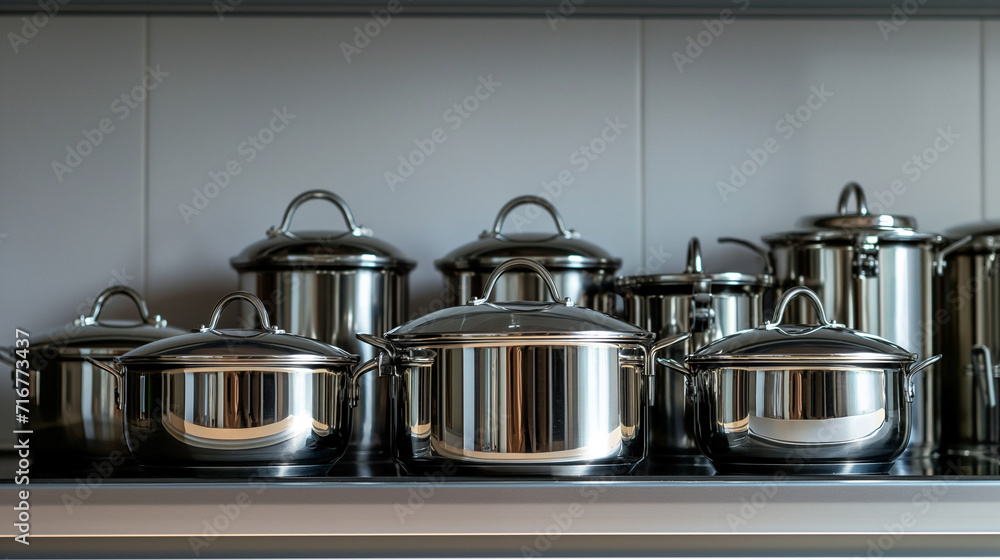Stainless steel pots and pans on a kitchen counter Stainless steel pots and pans on a kitchen counter