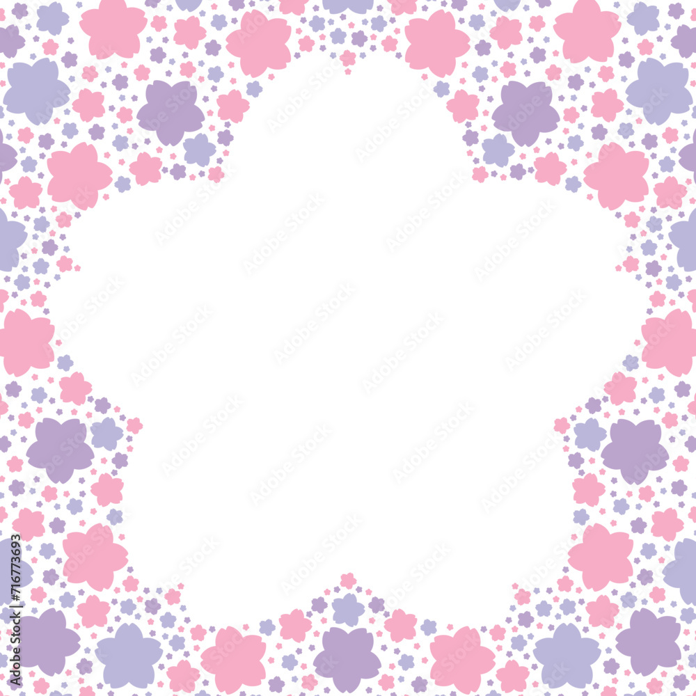 3色の桜シルエットで埋め尽くされた桜形フレームのイラスト（ピンク・紫）