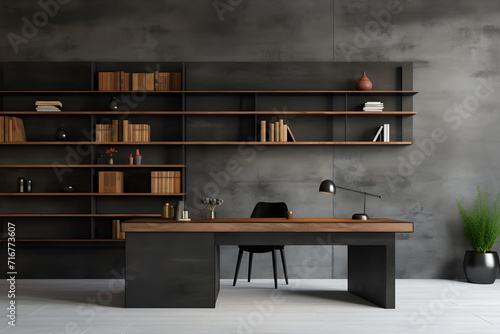 black minimalist office bookshelf The walls are wood and dark gray concrete. © NOOPIAN