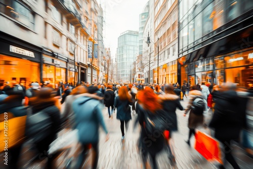 A bustling city scene with a crowd of anonymous pedestrians captured in motion on a busy urban street.