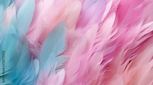 Background of pink and turquoise feathers, peach fuzz. Abstraction in pastel colors, fluffy surface.