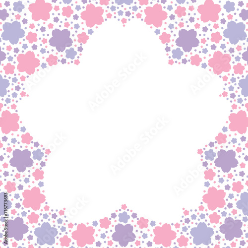 3色の桜シルエットで埋め尽くされた桜形フレームのイラスト（ピンク・紫）