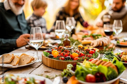 A warm family dinner scene with a variety of healthy foods, enjoying a meal together.