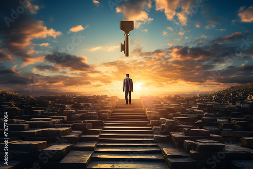 Businessman climbing a tall ladder Concrete bars on both sides,has a key look,scenery ahead Bright sky and sunlight, business concept