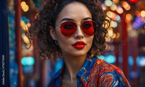 A vibrant and joyful woman with a contagious smile, wearing stylish dark glasses and bold red lipstick, gazing confidently into the future. © Raccoon Stock AI