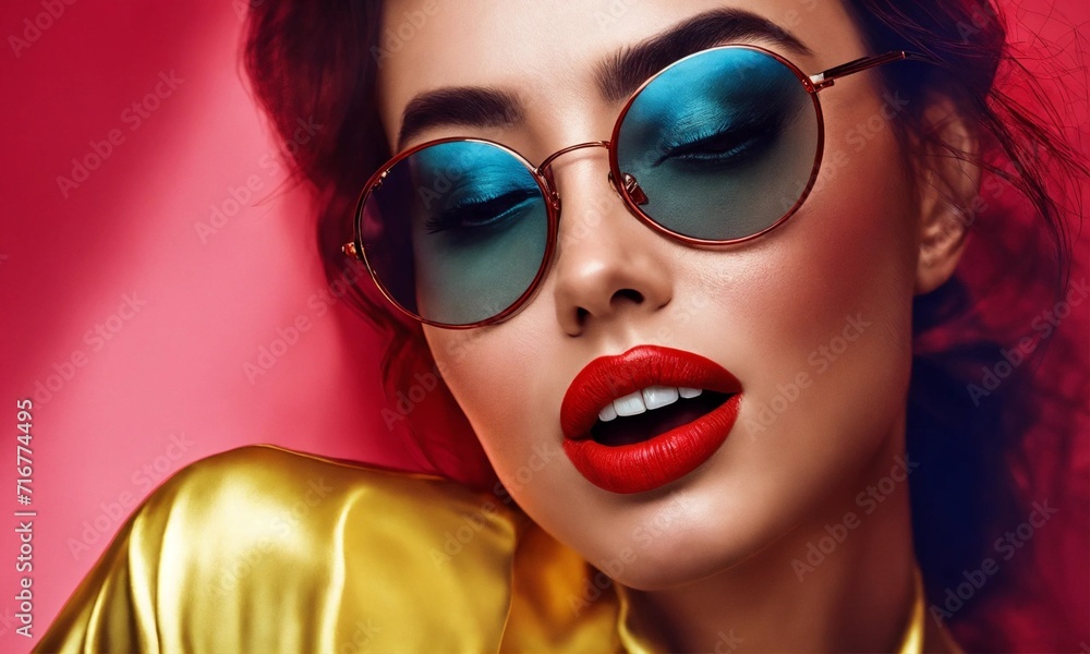 Fototapeta premium A vibrant and joyful woman with a contagious smile, wearing stylish dark glasses and bold red lipstick, gazing confidently into the future.