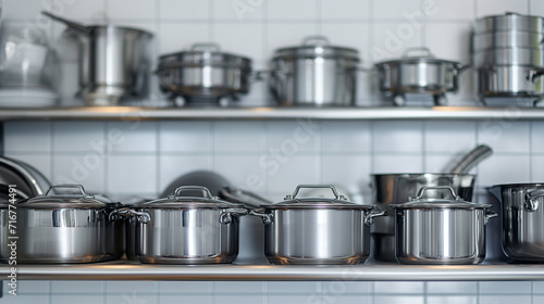 Stainless steel pots and pans on a kitchen counter