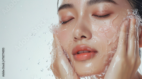 Woman washing face enjoying a refreshing water splash in a spa, radiating beauty and wellness Facial care with a bright smile, Water droplets on the face, close-up of the face Banner for ads.