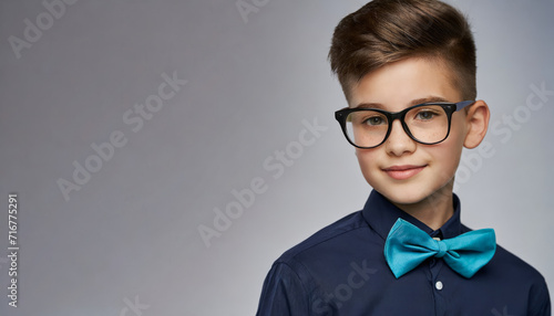 Portrait of a strong schoolboy wearing big glasses and a bow tie