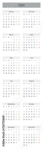 Monthly calendar of year 2024. Week starts on Monday. Block of months in two columns vertical arrangement. Simple thin minimalist design. Vector illustration.