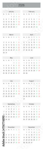 Monthly calendar of year 2026. Week starts on Monday. Block of months in two columns vertical arrangement. Simple thin minimalist design. Vector illustration.