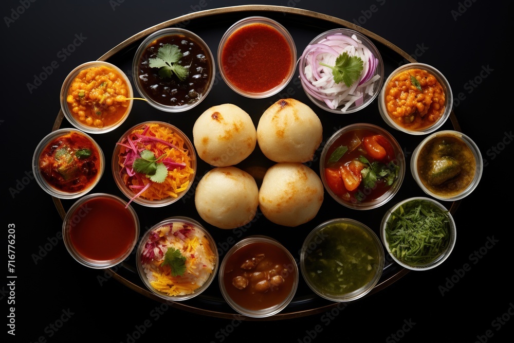 Gol Gappa Culinary Extravaganza, A Visual Symphony of Crispy Hollow Puffs, Filled with Spiced Water and Tangy Chutneys - obrazy, fototapety, plakaty 
