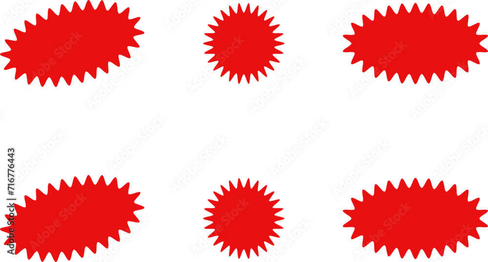 Fototapeta premium Starburst red sticker set - collection of special offer sale oval and round shaped sunburst labels and badges. Promo stickers with star edges. Vector.
