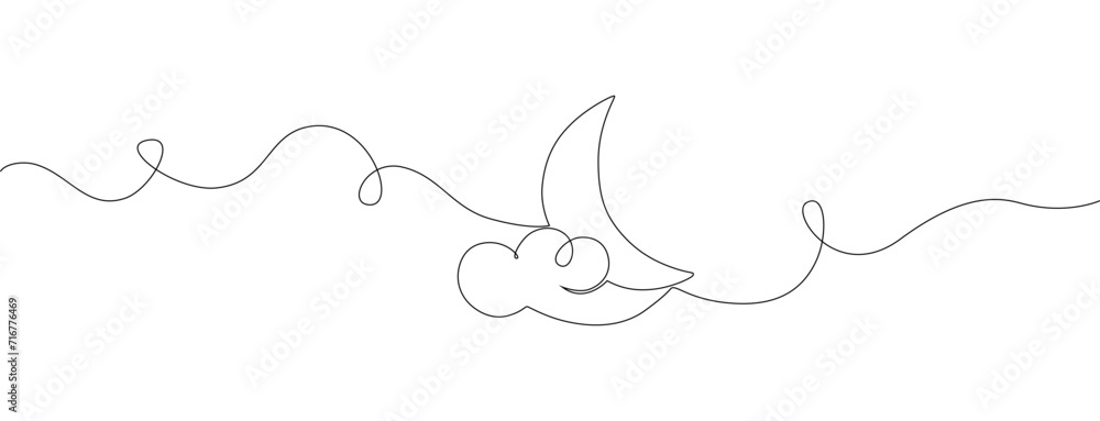 One continuous line drawing of the Moon and clouds. Ramadan Kareem banner in simple linear style. Sleep symbol with crescent moon in editable stroke. Doodle contour vector illustration - obrazy, fototapety, plakaty 