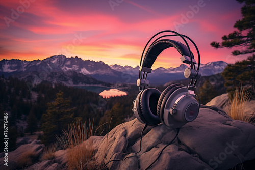 headphones in a magical sunrise mountain view photo
