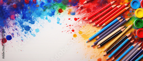 Group of Colorful Pencils Arranged on a Table – Flat Lay Top View Creative. Colors and Design Concept. Empty Space Place for Text