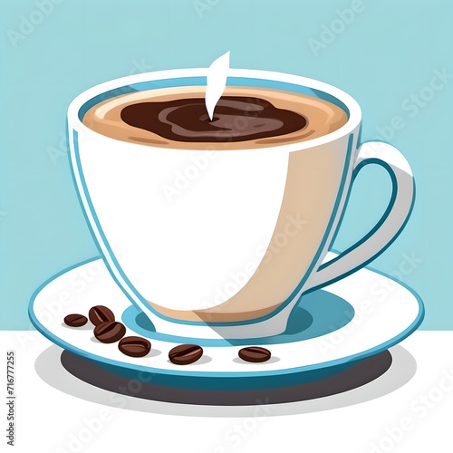 Ein schlichtes Design von einer Kaffeetasse auf blauem Hintergrund. Dampfender Kaffee mit elegantem Schaum Muster. Blick von vorne.