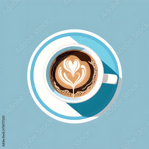 Ein schlichtes Design von einer Kaffeetasse auf blauem Hintergrund. Dampfender Kaffee mit elegantem Schaum Muster. Blick von vorne.