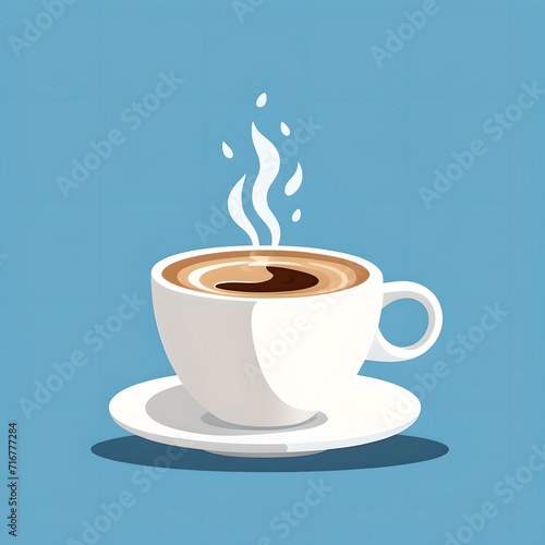 Ein schlichtes Design von einer Kaffeetasse auf blauem Hintergrund. Dampfender Kaffee mit elegantem Schaum Muster. Blick von vorne.