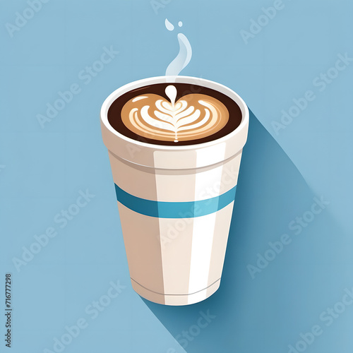 Ein schlichtes Design von einem Kaffeebecher auf blauem Hintergrund. Dampfender Kaffee mit elegantem Schaum Muster. Blick von vorne.