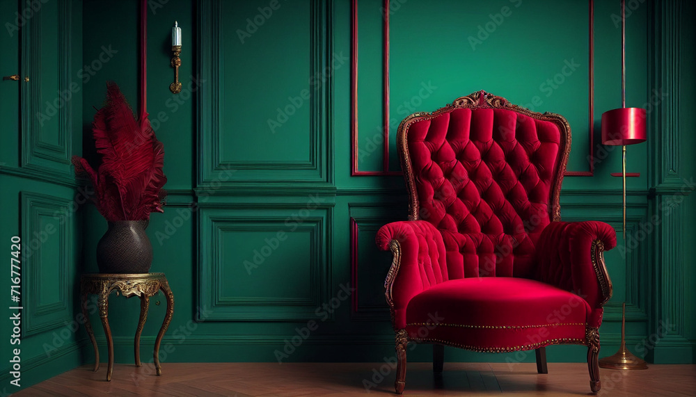 Beautiful luxury classic velvet red clean interior room in classic