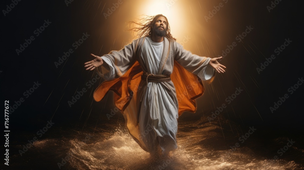 Jesus walks towards the light on the water during a violent storm. See a miracle. The concept of divine power and faith. Illustration for cover, card, postcard, interior design, decor or print. Jesus walks towards the light on the water during a violent storm. See a miracle. The concept of divine power and faith. Illustration for cover, card, postcard, interior design, decor or print.